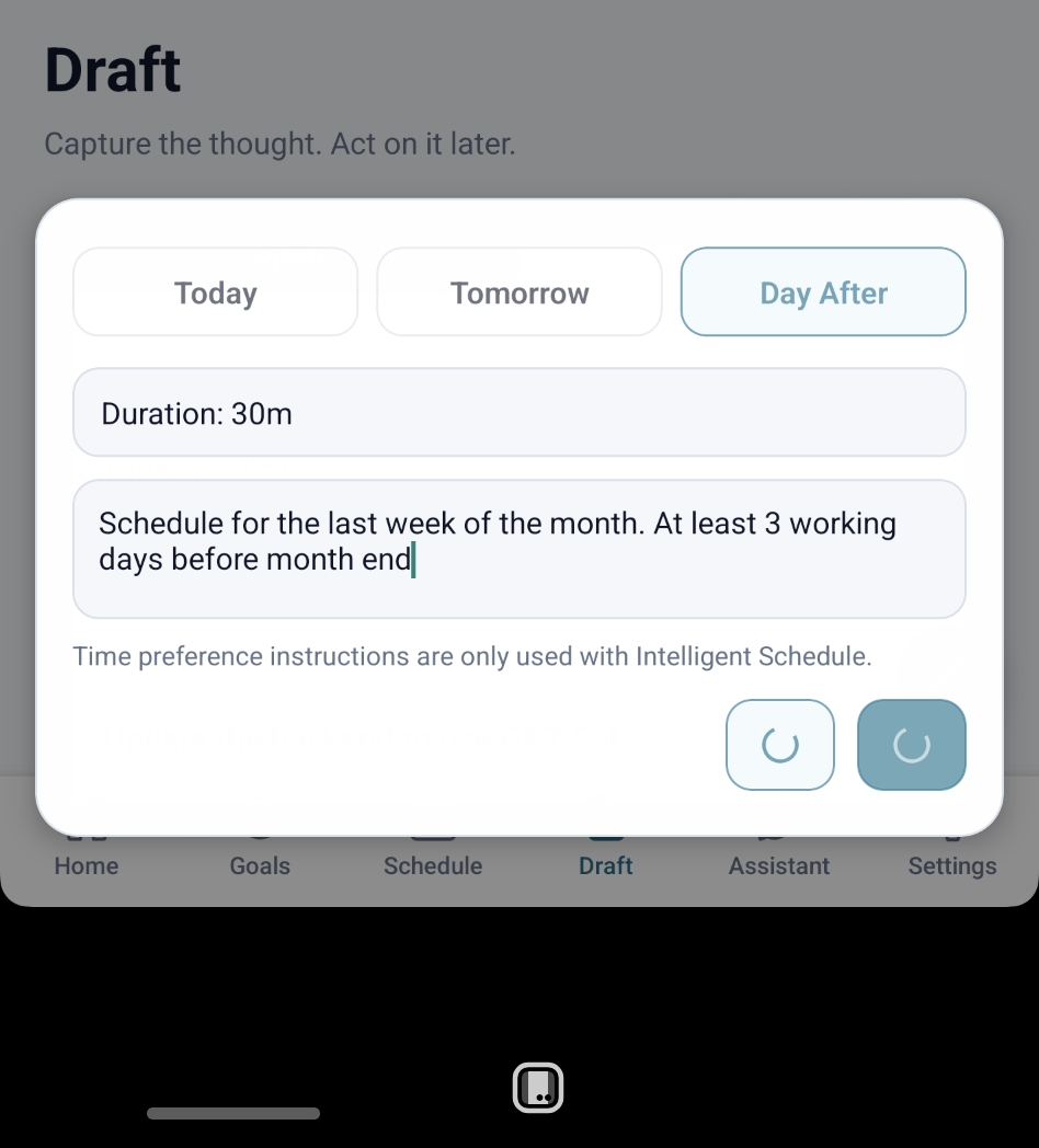ActionAlly scheduling a Draft using duration and timing preferences