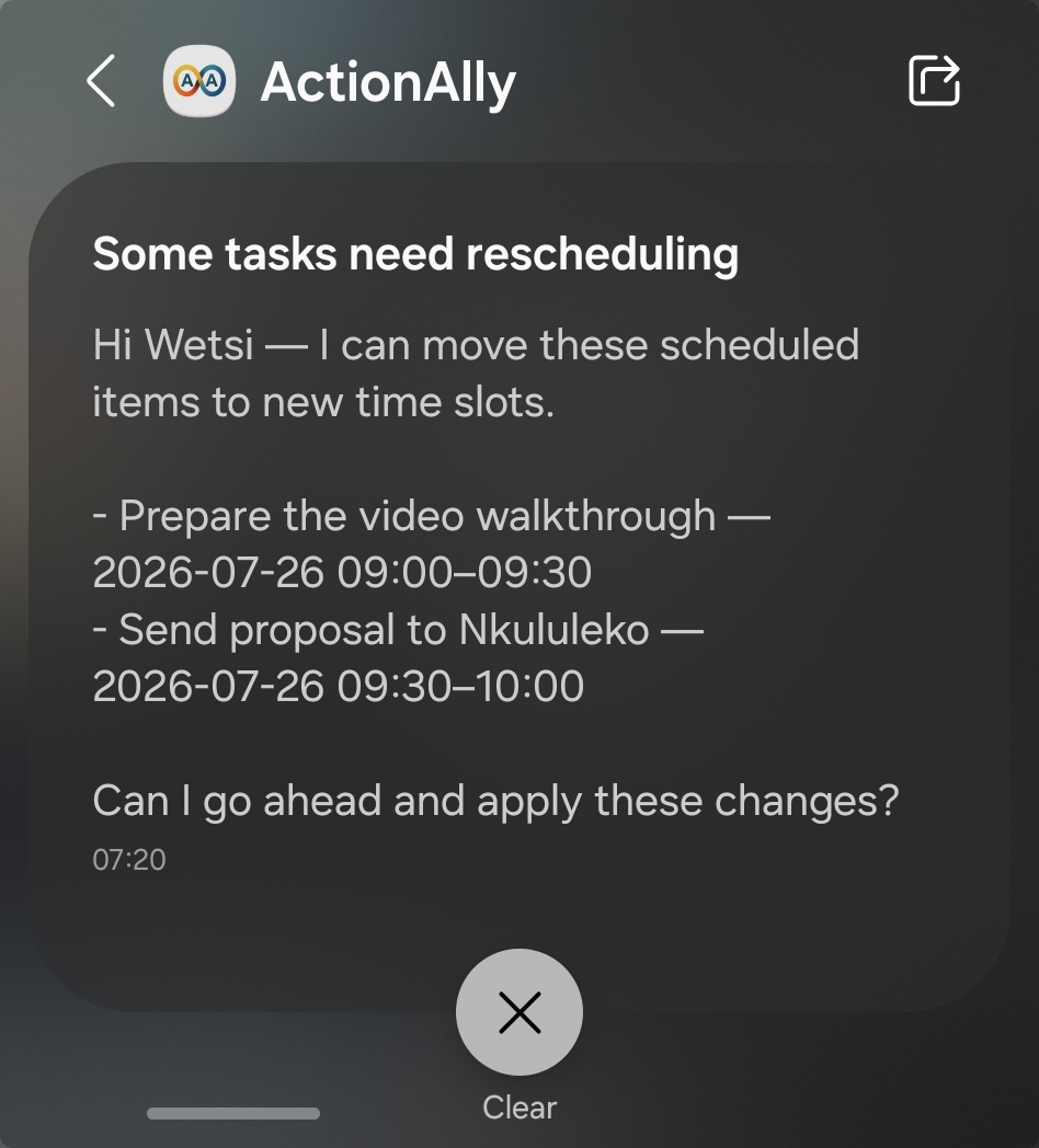 ActionAlly rescheduling prompt showing two activities and asking for confirmation